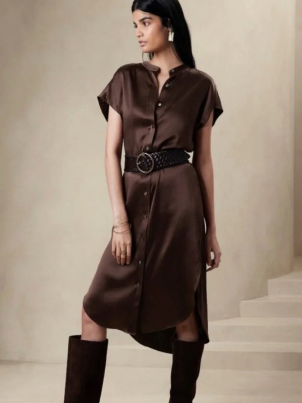 Banana Republic Medium Serenade 100% Silk Dolman Shirtdress Hot Cocoa Brown